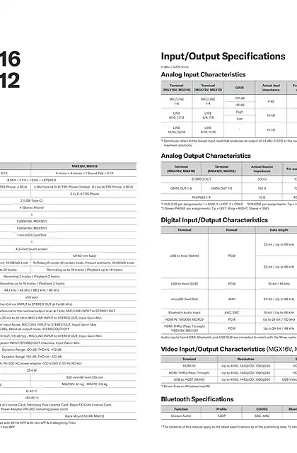 yamaha雅马哈MGX16V MGX16 MGX12V MGX12 Technical Specifications